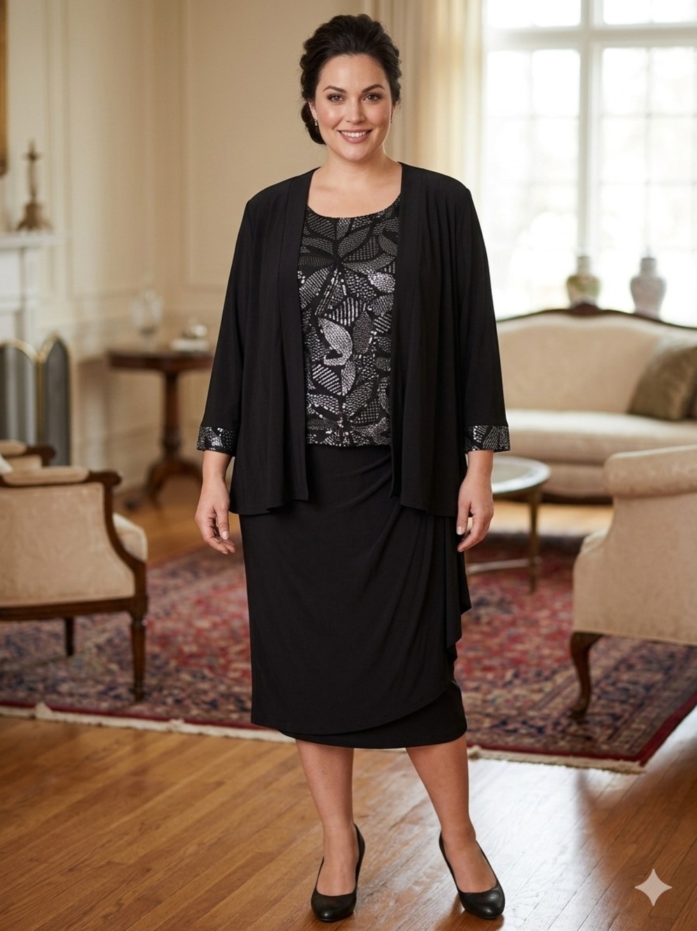 BRIANNA MILAY Elegant Black Sequin Midi Dress with Jacket